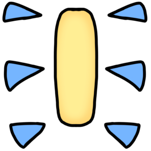 A thin yellow curved rectangle, with blue triangles coming from it